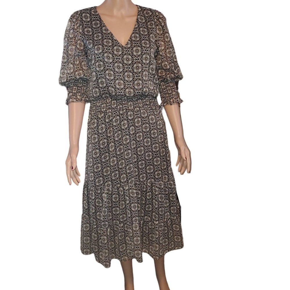 1State Paisley Printed V Neck Ruched Metallic Thread Boho Midi Dress Modest Sz S